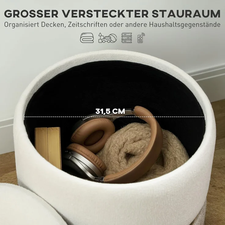 HOMCOM Sitzhocker mit Deckel, Metallring, zweifarbig Design (gepolsterter Fußhocker, 1 St, Ottomane mit Stauraum), Chenille 36 x 36 x 44 cm Cremeweiß – Bild 4