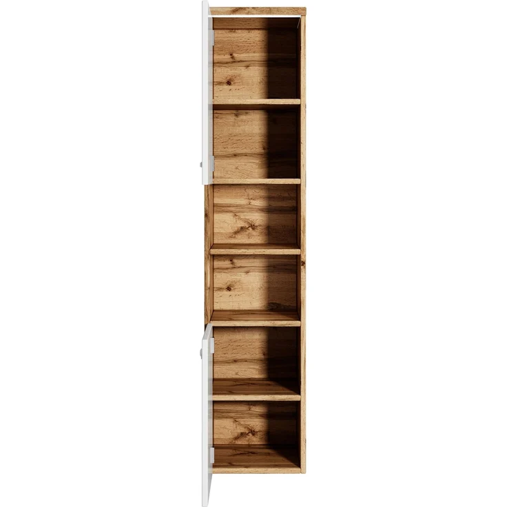 Badplaats Badezimmerschrank Paso 35 x 35 x 160 cm Eiche mit Weiß Hochglanz - Hoch Badschrank Mit 2 Türen – Bild 2