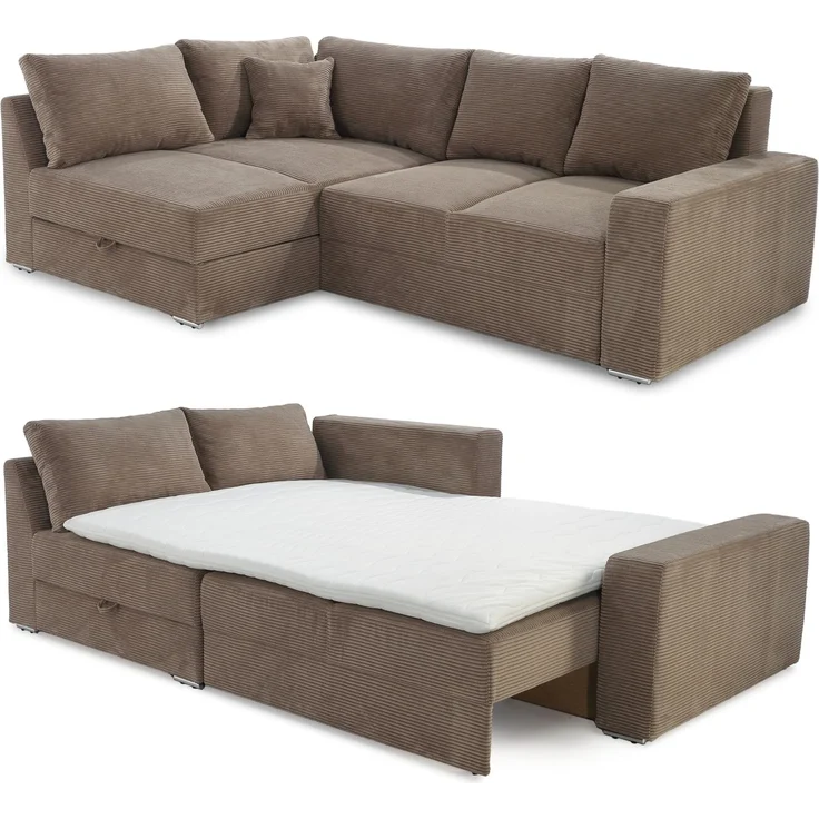 Ecksofa-Dauerschläfer Federkern Topper Bettkasten Schlafcouch Cord Braun Taupe – Bild 9