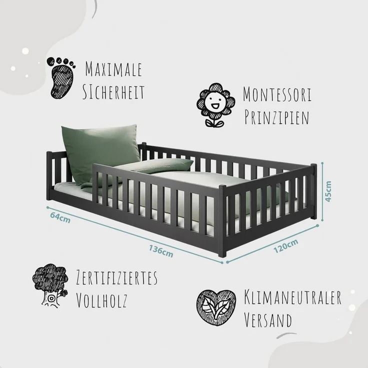 Kids Collective Kinderbett Bodenbett Bett mit Rausfallschutz & Lattenrost Montessori Bett Kinder (Jungen, Mädchen, Kinder, weitere Größen 80x160, 80x180, 90x190, 90x200, 140x200 cm), Jugendbett Einzelbett Graphit Kiefer 120x200 cm – Bild 3
