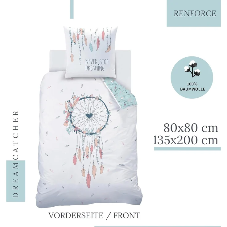MTOnlinehandel Bettwäsche Traumfänger 135x200 + 80x80 cm, 100x135, 155x220 cm, 100 % Baumwolle, Renforcé, 2 teilig, Boho Deko fürs Schlafzimmer – Bild 2