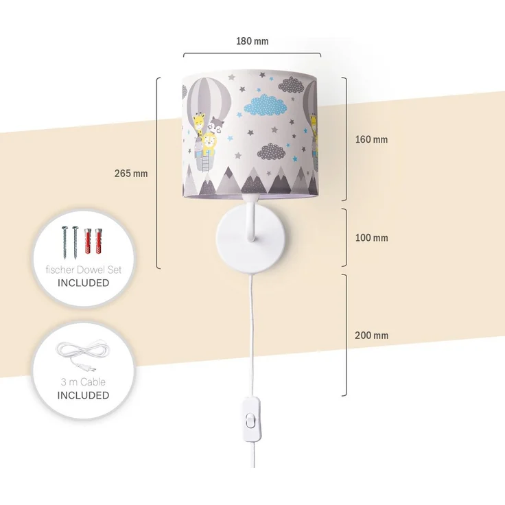 Paco Home Wandleuchte Cosmo 343, ohne Leuchtmittel, Lampe Kinderzimmer Stecker âˆ…18cm Heißluftballon Tiere Kabel 3m E14 – Bild 3