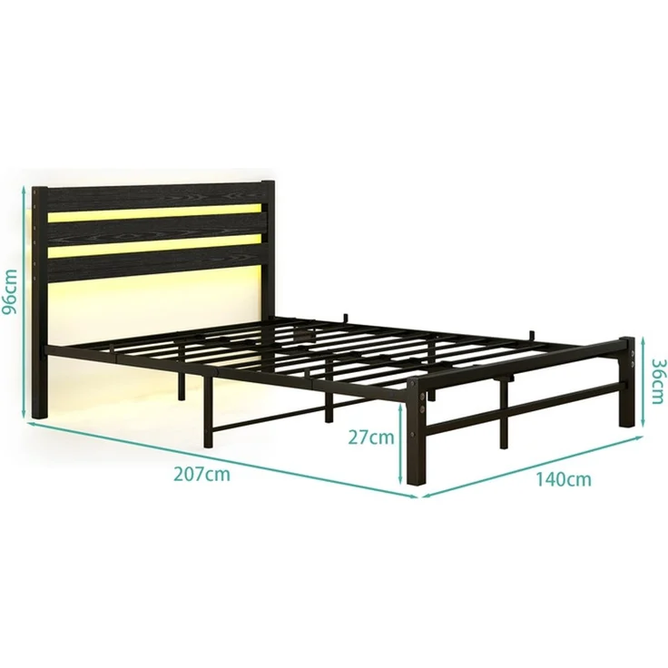 Homerecommend Metallbett 140x200 cm, Doppelbett und Jugendbett, mit MDF-Kopfteil, RGB-LED-Beleuchtung und 2 USB-Anschlüssen, Schwarz – Bild 2