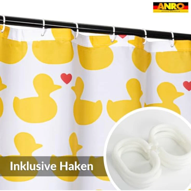 ANRO Duschvorhang FASTY Ente Anti-Schimmel Polyester Badezimmervorhang Bad-Stoff Breite 120 cm (Packung, 1-tlg, Duschvorhang inkl. Aufhängeringe), robuster Vorhang Stangenaufhängung 120x200cm Modern Gelb – Bild 2