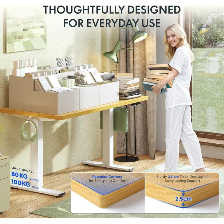FLEXISPOT Höhenverstellbarer Schreibtisch 140×80cm, mit Haken und 25mm EINTEILIGER Tischplatte, ergonomischer Schreibtisch mit LED-Höhenanzeige und Memory-Funktion (Walnussbraun, Mousseweiß) – Bild 7