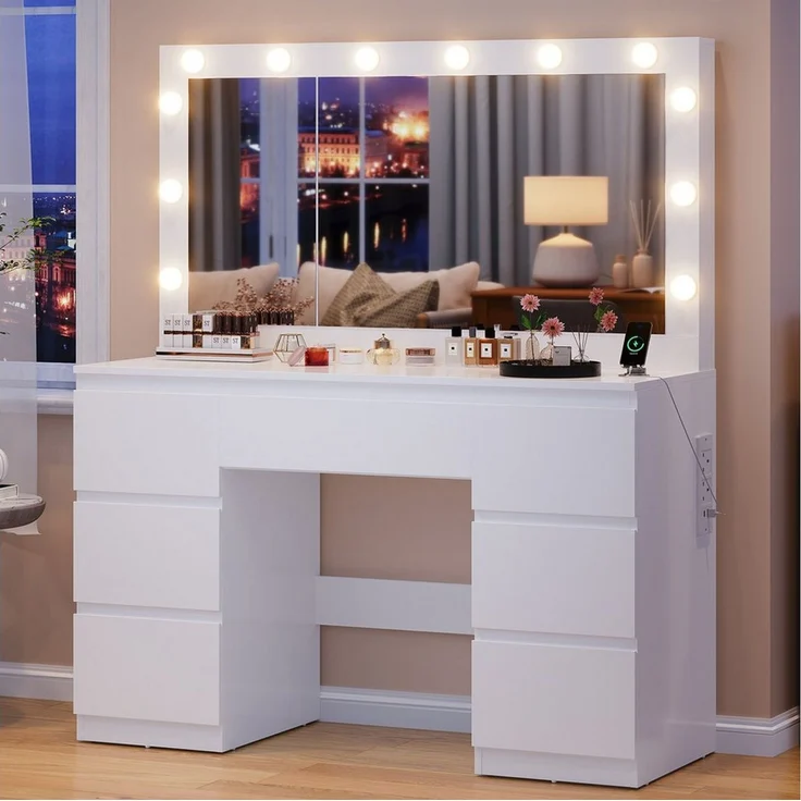 HOMALL Schminktisch Großer Schminktisch, Maße 115/120 x 40 x 140 cm, mit Schmuckschrank (LED-Beleuchtung und Steckdosen, 105 cm großer Spiegel, mit 7 Schubladen, optional mit Hocker – ostern geschenke) – Bild 5