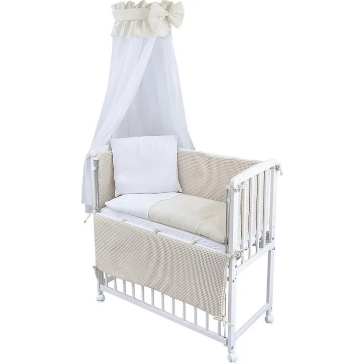 Baby-Delux Stubenbett Beistellbett Komplettset Waffelpique Musselin, Stillbett 90x40 weiß höhenverstellbar, Matratze inkl. komplett Set