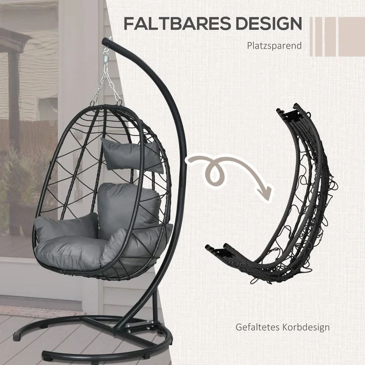 Hängesessel Rattan Hängestuhl 195 cm hoch mit Gestell Kissen und wasserdichter Abdeckung für Garten und Indoor bis 150 kg--Schwarz--102x102x195cm--YOUDENOVA – Bild 4