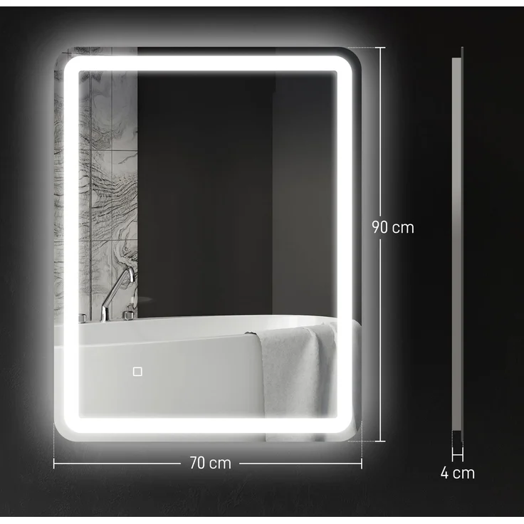 MELAYR, Badezimmerspiegel mit LED-Beleuchtung, 70 x 90 cm, 3 Lichtfarben, 70 x 4 x 90 cm, Silber – Bild 5