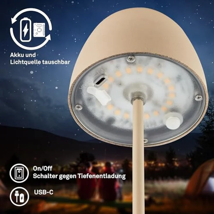 BRILONER - Mini LED Tischlampe kabellos IP44 mit Touch, stufenlos dimmbar, Akku & Lichtquelle tauschbar, Nachttischlampe, Dekolampe, LED Lampe, Akku Tischleuchte, Outdoorlampe, 8x20 cm (DxH), Beige – Bild 7
