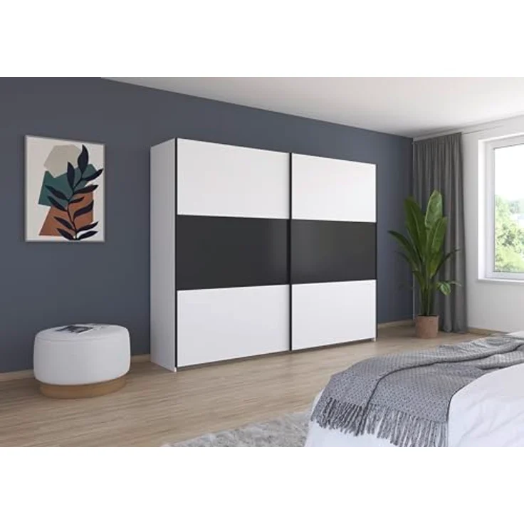Rauch Möbel Neo, Schwebetürenschrank, Kleiderschrank, Kleiderschränke, Garderobe, Schrank mit Stauraum, 2-türig, Farbe Weiß/Grau-metallic, 261 x 210 x 59 cm – Bild 3