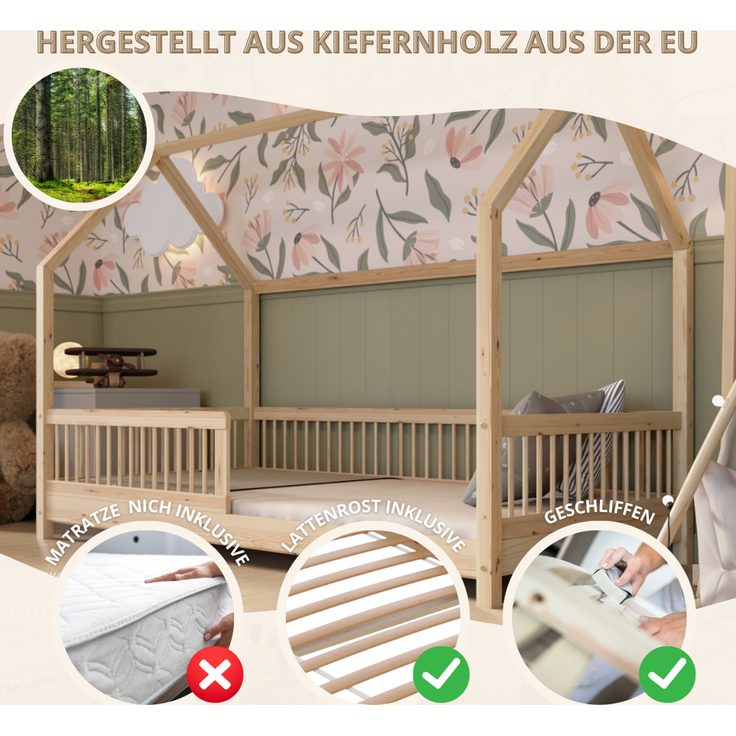 Crazy Pine 'Crazy Polly' Hausbett mit Rausfallschutz, Holz natur, 90x190 cm – Bild 4