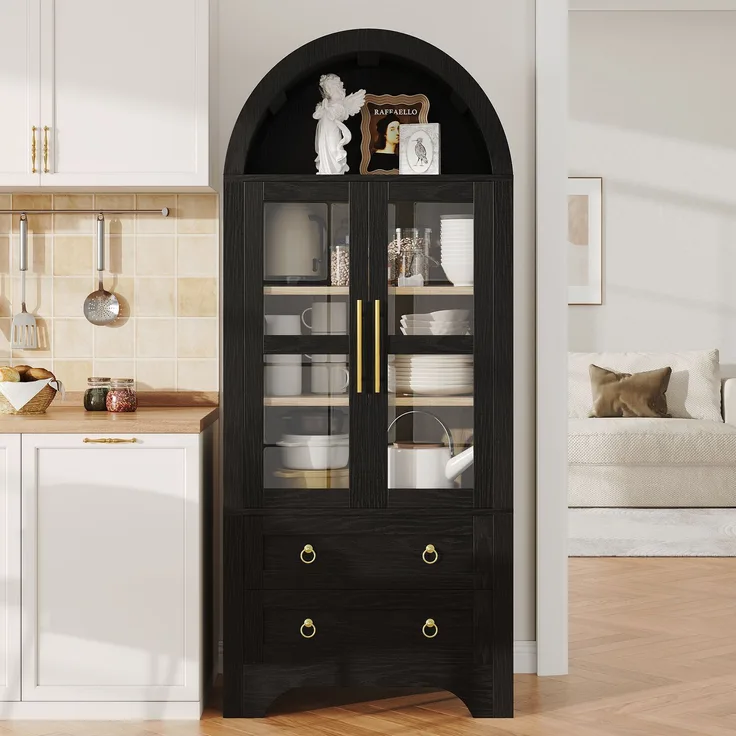 Highboard mit verstellbaren Regalböden und Schubladen, Küchenschrank mit transparentem Glas und großem Stauraum, Ideal für Esszimmer, Wohnzimmer und Küche (Schwarz)--Schwarz--76.2x40x180cm--YOUDENOVA