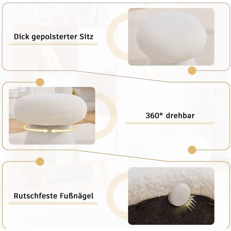 Drehhocker, Lammfell-Optik mit 360°-Drehfunktion, 41x41x44 cm, Weiß – Bild 3