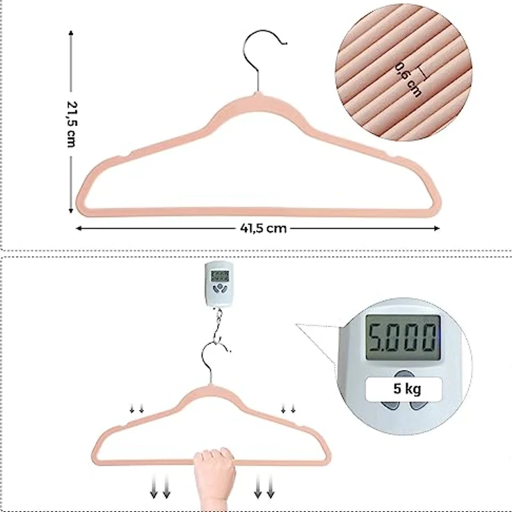 SONGMICS Kleiderbügel Samt, 50er Set, Jackenbügel, 41,5 cm breit, Anzugbügel, dünn, gut belastbar, um 360° drehbarer Haken, für Mäntel, Hemden und Anzüge, Rosa-Silber CRF026P03 – Bild 6