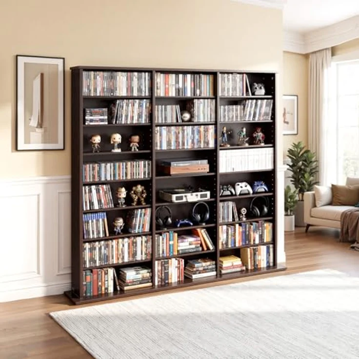VEVOR DVD-Regal mit 24 Fächern (8 Ebenen), Medienregal Standregal 142 x 22 x 130 cm, Platzsparendes Aufbewahrungsregal für CDs DVDs Bücher Spiele-Discs, Bücherregal für Wohnzimmer/Homeoffice, Braun – Bild 2