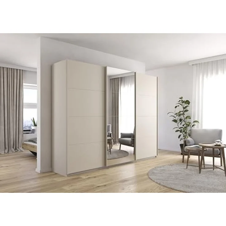 Rauch Möbel Kulmbach, Kleiderschrank mit Schwebetüren für Schlafzimmer, Kinderzimmer, Jugendzimmer, Garderobe, Flur, 3-türig, mit Spiegel, Zubehör Classic, Farbe Beige, Breite 271 cm – Bild 2