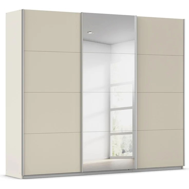 Rauch Möbel Kulmbach, Kleiderschrank mit Schwebetüren für Schlafzimmer, Kinderzimmer, Jugendzimmer, Garderobe, Flur, 3-türig, mit Spiegel, Zubehör Classic, Farbe Beige, Breite 271 cm