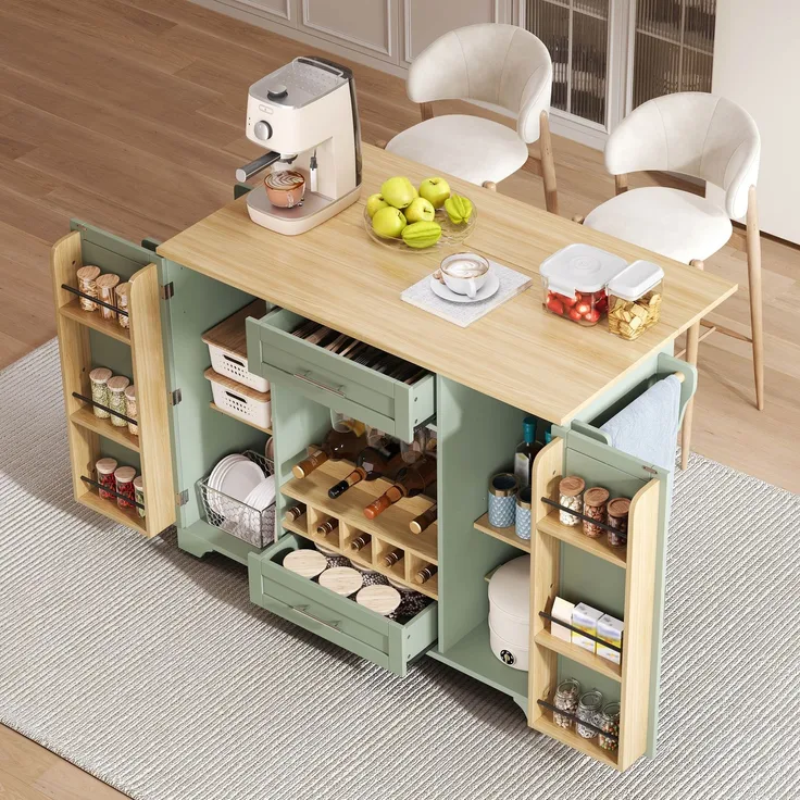 Küchenwagen B 138 x T 45/70 x H 92 cm aus MDF, ausklappbare Arbeitsplatte auf Rollen
