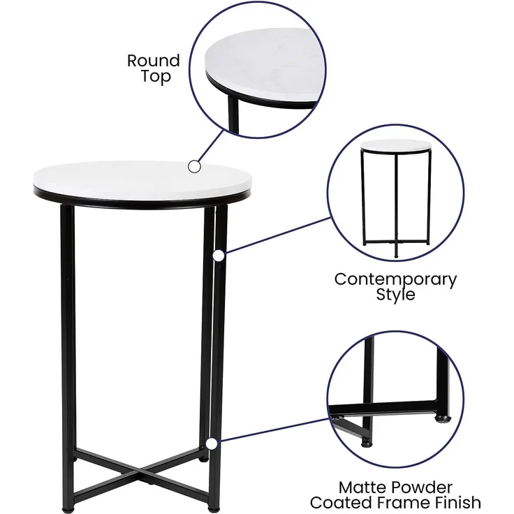 Flash Furniture Beistelltisch Wohnzimmer weiß marmor matt schwarz – Bild 4