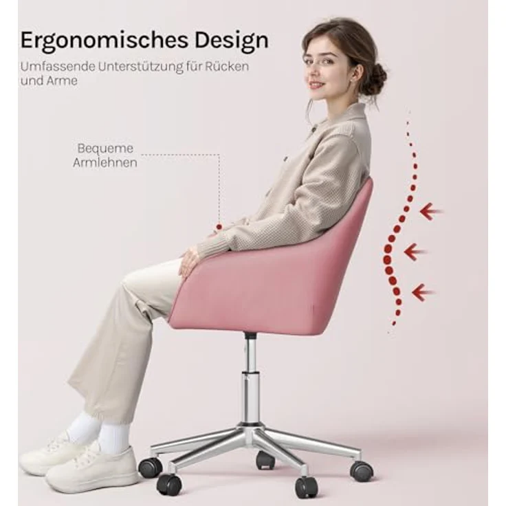 WOLTU Homeoffice Stuhl, Schreibtischstuhl, Drehstuhl, Schminkstuhl, höhenverstellbar, bis 150 kg belastbar, mit Armlehnen Samtsitz, für Schlafzimmer Büro Wohnzimmer, Rosa+Silber BS145rsw – Bild 6