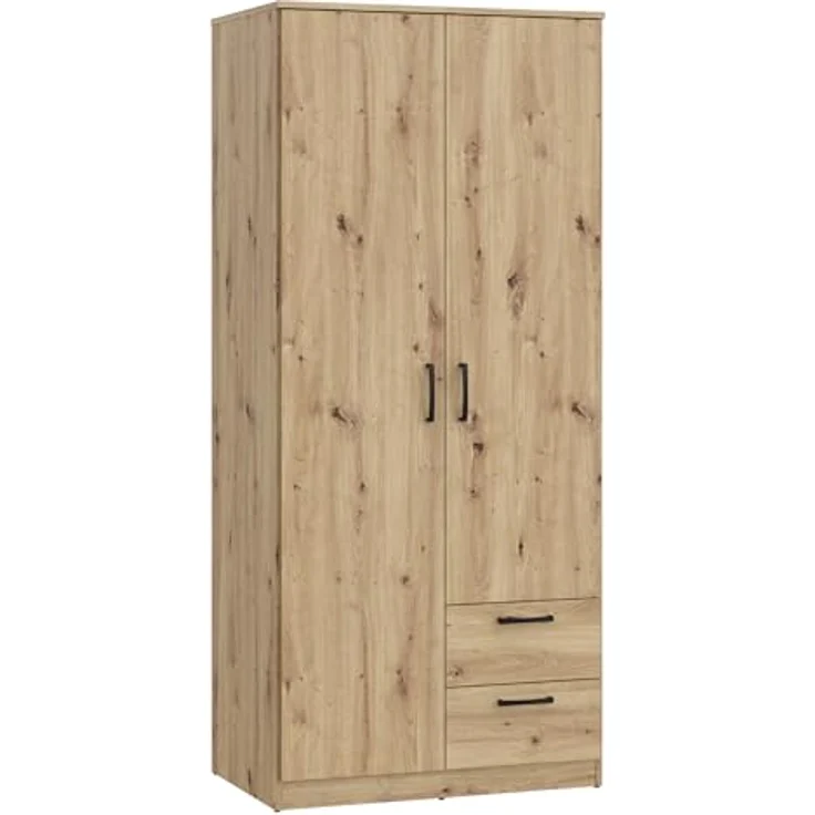 FORTE NIKO Kleiderschrank 82, Scandi Kleiderschrank mit 2 Türen und 2 Schubladen, Holzwerkstoff, Artisan Eiche Dekor, 81,9 cm breit, 185 cm hoch, 52,7 cm tief – Bild 4