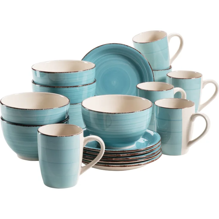 Mäser 931496 Lumaca Frühstück-Service für 6 Personen im Vintage Look, handbemalte Keramik, Geschirr-Set, Steingut, türkis, 18-teilig (1 Set)