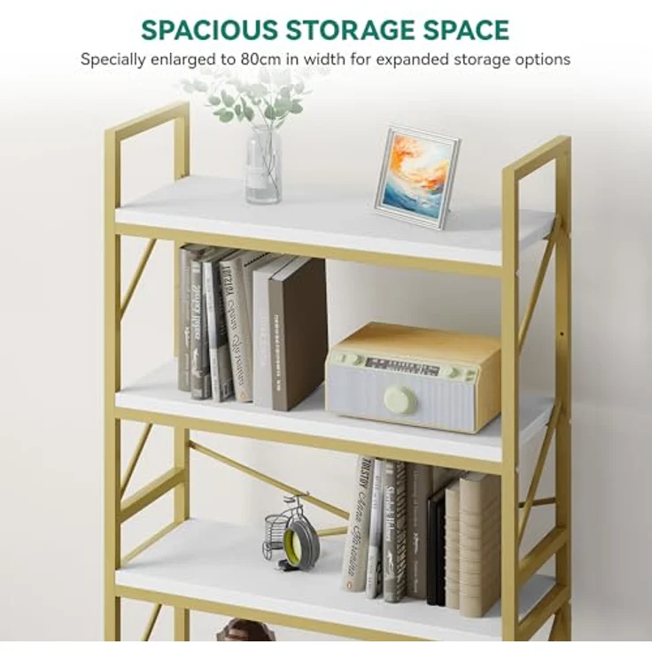 YITAHOME Bücherregal mit 5 Ebenen, Großes Standregal, Holzregal und Metallrahmen, Industrieregal, Bodenstehendes Lagerregal, für Wohnzimmer, Home Office, Gold Regal – Bild 5