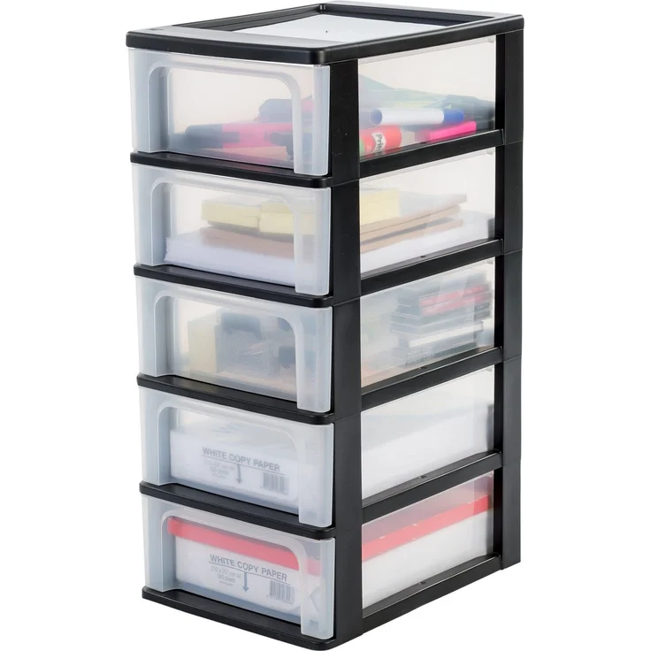 Iris Ohyama, Kunststoff Schubladenbox mit 5 flachen Schubladen, Schwarz, Easy-Pull-System, A4, A5 & A6 Format, Schreibtisch Organizer für Büro, Schreibwaren, BPA-frei, Schubladenschrank, OCH-2005