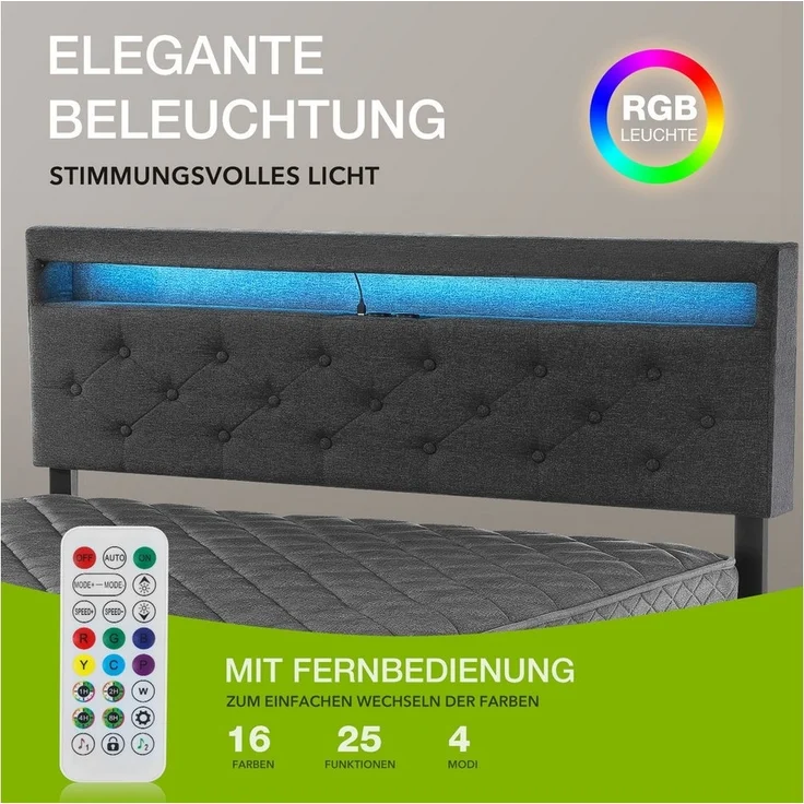 oyajia Polsterbett LED Doppelbett 140x200cm, Stauraumbett mit Kopfteil und 4 Schubladen (Leinenmaterial Polsterbett mit RGB Beleuchtung), mit Lattenrost und Ladefunktion, mit Komforthöhe, Leises Design Bett – Bild 2