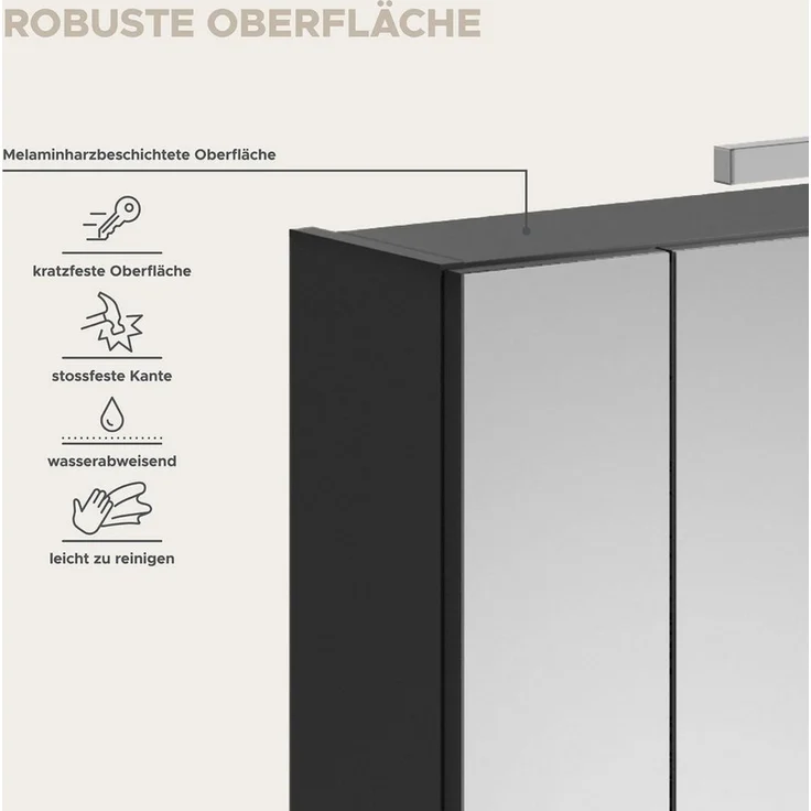 Newroom Spiegelschrank Schwarz Hochglanz 60 cm Spiegelschrank mit Beleuchtung Schwarz Hochglanz Spiegelglas Modern – Bild 4