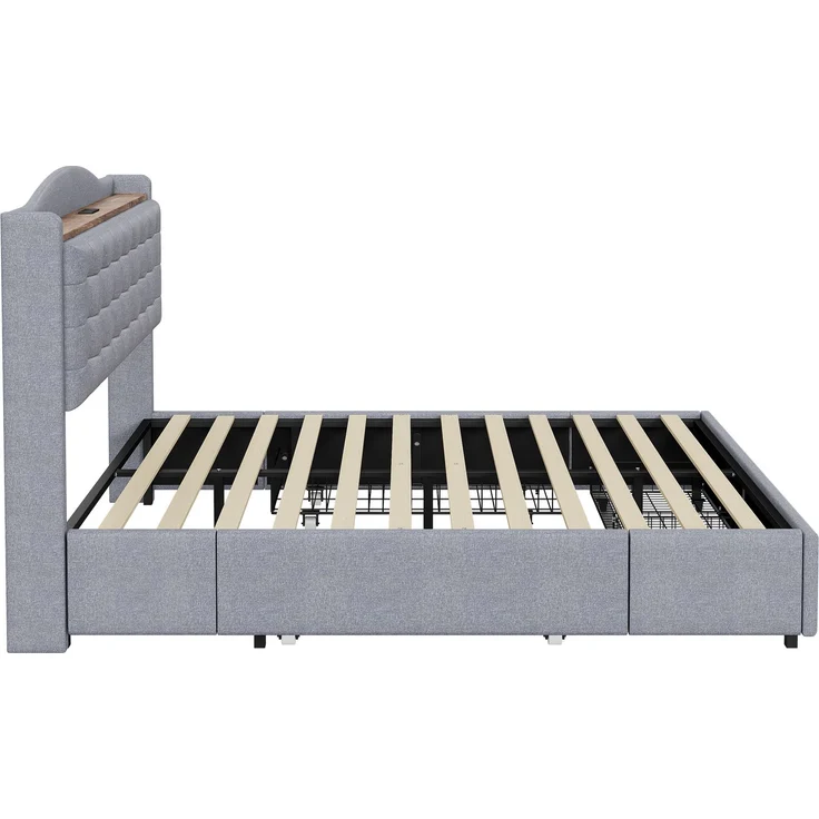 Polsterbett 140x200 cm mit 4 Schubladen und USB-Kopfteil – Leinenstoff Grau, flaches Doppelbett – Bild 6