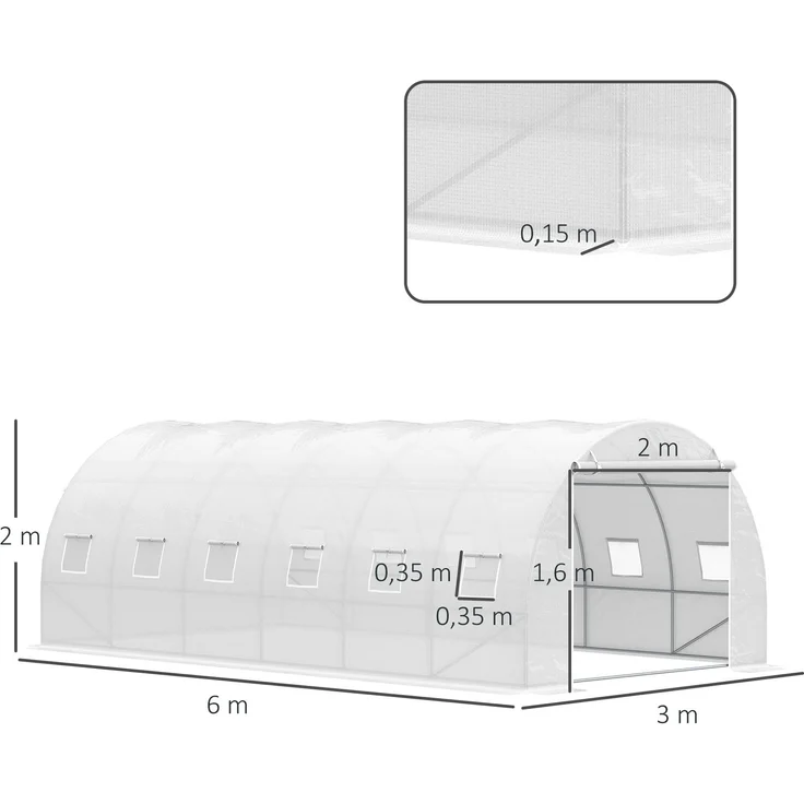 MELAYR, Tunnelgewächshaus, 6 x 3 x 2 m, Gartengewächshaus mit Rolltor, 12 Fenster, Weiß – Bild 5