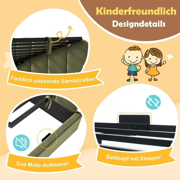 Merax Einzelbett 90x190 cm, Kinderbett, Polsterbett, Daybett, Tagesbett-Schlafsofa mit Stauraum (hydraulisch), Gästebett L-Form Samt, Grün – Bild 6