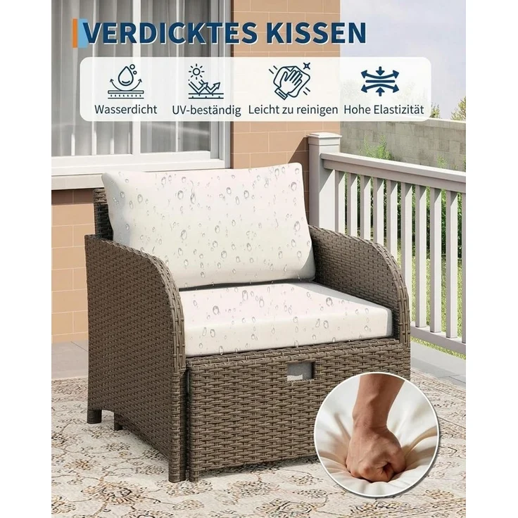 GarveeMore Gartenlounge-Set Terrassenmöbel mit Tisch,5 teilig Rattan Balkonmöbel Kleiner Balkon, Gartenmöbel Set Balkonset 2 Rattansessel mit Hocker,Outdoor Sitzgruppe – Bild 3