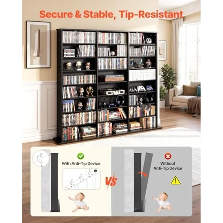 VEVOR DVD-Regal mit 24 Fächern (8 Ebenen), Medienregal Standregal 142 x 22 x 130 cm, Platzsparendes Aufbewahrungsregal für CDs DVDs Bücher Spiele-Discs, Bücherregal für Wohnzimmer/Homeoffice, Schwarz – Bild 6
