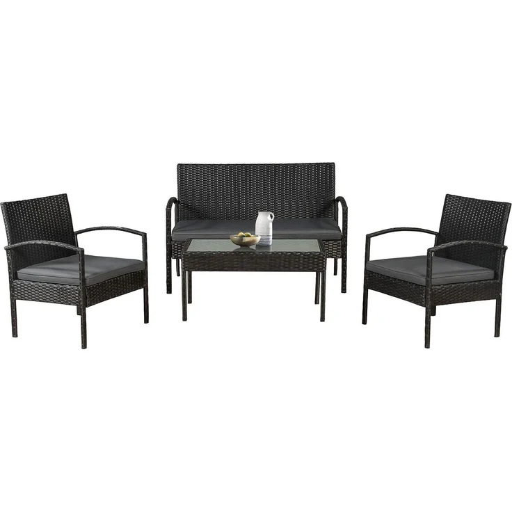 Juskys Polyrattan Gartenmöbel-Set Trinidad – Balkonmöbel-Set mit Tisch, Sofa & 2 Stühlen – Sitzgruppe für 4 Personen Schwarz mit Auflagen Dunkelgrau – Bild 1