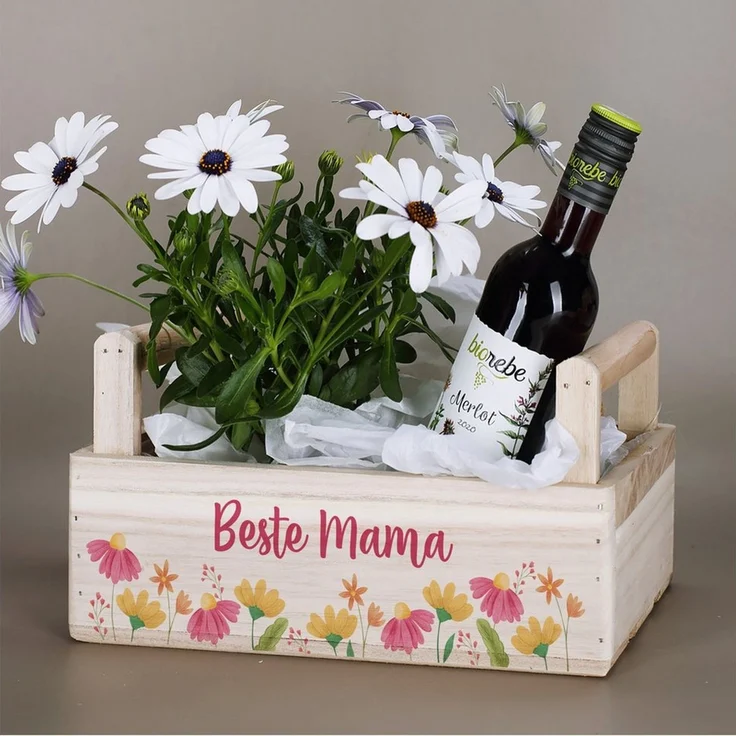 Herz & Heim Geschenkbox aus Holz - Geschenkkorb mit Blumen Motiv als Geschenkverpackung, mit Holzgriffen – Bild 3