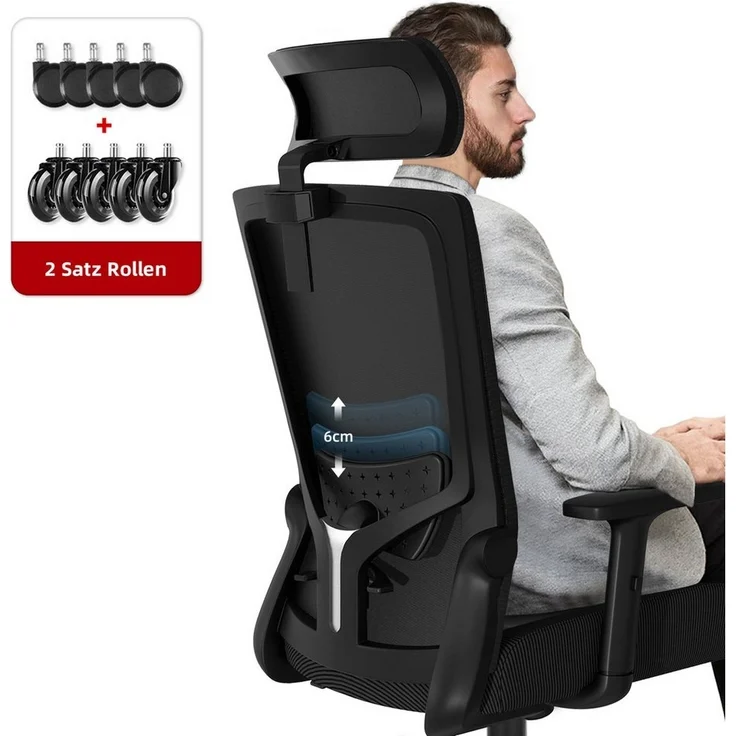 Hiazurm Bürostuhl Bürostuhl ergonomisch, Chefsessel, Atmungsaktiv Mesh Schreibtischstuhl (5D Memory-Schaum Lendenstütze, Wippfunktion bis 135°, Bis 155kg Belastbar, Verstellbarer Lendenwirbelstütze), Höhenverstellbarer Drehstuhl, Schwarz – Bild 5