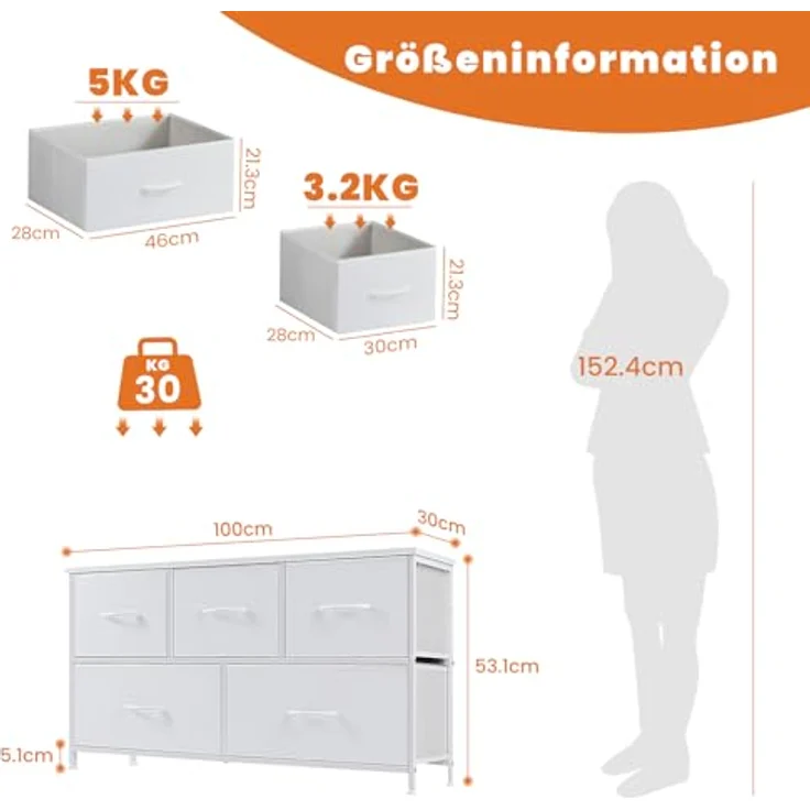 Sweetcrispy Kommode für Schlafzimmer, breite Schublade Kommode Organizer Storage Drawers Fabric Storage mit 5 Schubladen, kleine Kommode, TV Stand für Schlafzimmer, Schrank, Wohnzimmer, Kinderzimmer – Bild 4
