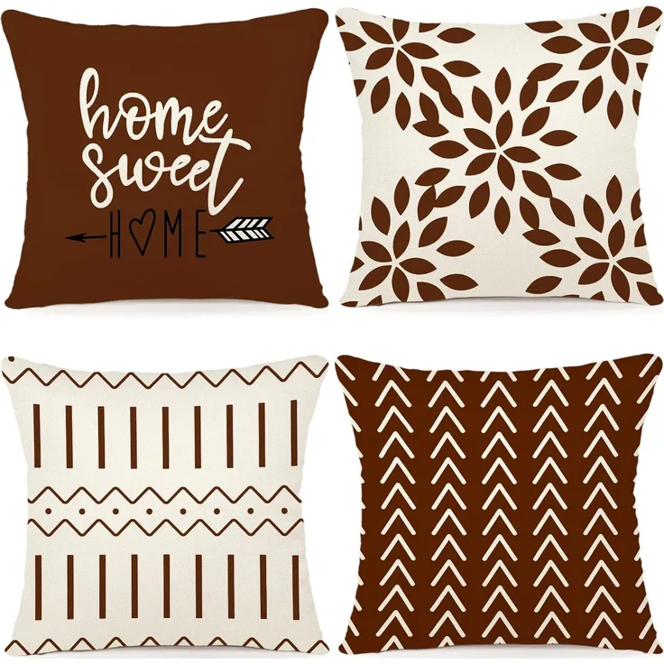 Kissenbezüge 45 × 45 cm 4er-Set Kaffee Braun, Outdoor Leinen Dekokissen, Couch Bett Auto