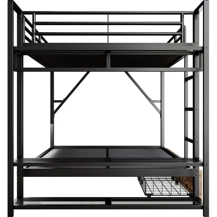 Etagenbett mit Schubladen, RGB LED-Streifen, Kleiderstange, Regal, Lattenrost und Leiter, 140x200 cm, Kinderbett mit Rausfallschutz, Metallbett – Bild 9