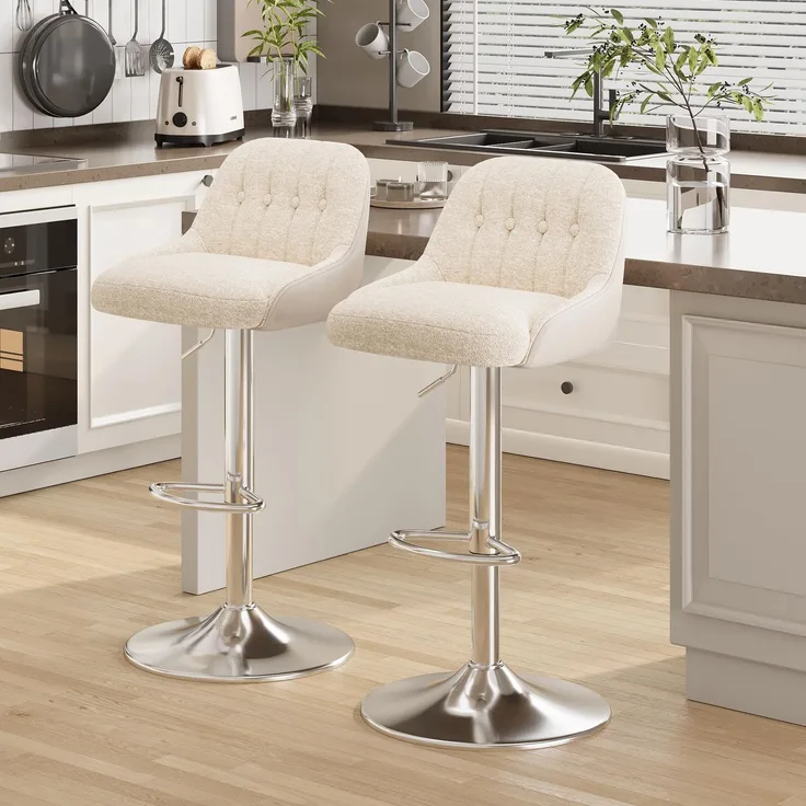 MALOL 360° Drehbarer Höhenverstellbarer Barhocker, Bar Hocker 2er Set mit Rückenlehne, Moderner Küchenhocker mit Metallfuß für Theke, Esszimmer, Barstuhl mit Kombination aus Leder und Bouclé, Beige