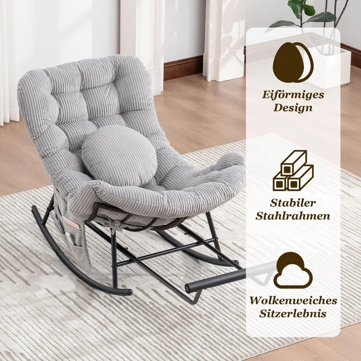 LVHOM Schaukelstuhl mit ausziehbarer Fußstütze, Rattanstuhl mit Stahlrahmen, Schaukelsessel mit gepolstertem Kissen und Seitentasche, Lounge Sessel, 1 St, Hellgrau – Bild 8