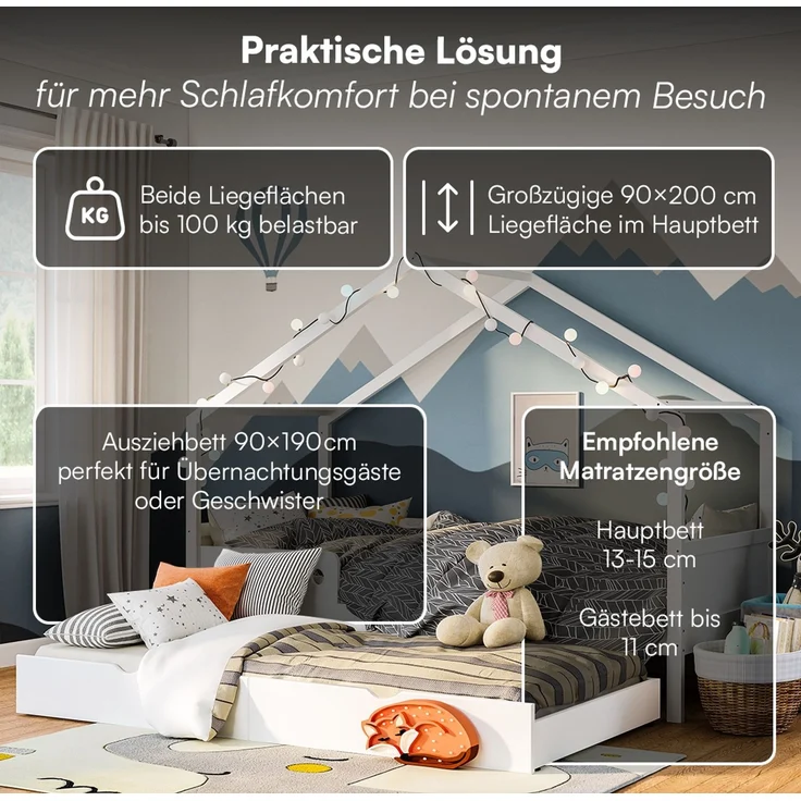 Bellabino 'Bela' Hausbett 90x200 cm mit Gästebett 90x190 cm, weiß, Kiefer Massivholz, Montessori Kinderbett mit Ausziehbett, inkl. Rausfallschutz und Lattenrost – Bild 4