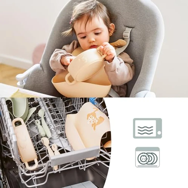 Babymoov Baby Geschirrset Mini Roar - ab 4 Monate - 4er Set Silikon, Baby Lätzchen, 2x Babylöffel, Schüssel, BPA-frei, Spülmaschinenfest – Bild 5