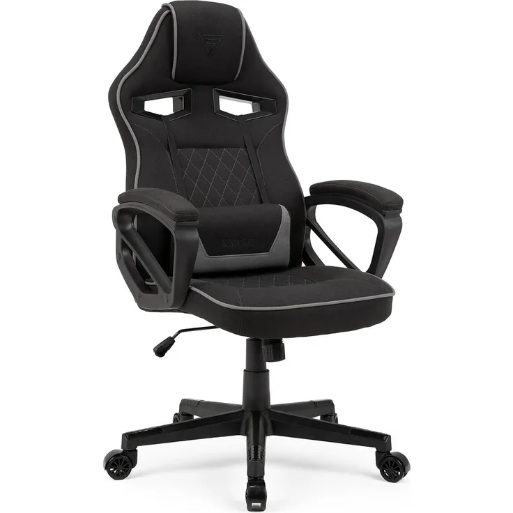 SENSE7 Gaming Stuhl Knight, Ergonomischer Gaming Sessel Mir verstellbaren Lendenkissen, Gaming Chair mit Wippfunktion, Gepolsterte Armlehnen, Stoff Bürostuhl bis 120kg, PC Stuhl Schwarz-Grau