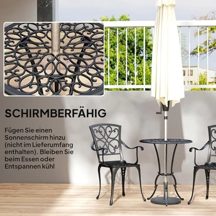 Outsunny Balkonset mit 2 Stühlen, Sonnenschirmloch, (Garten Bistro Set, 3-tlg, Antik Bistro Gartenmöbel), für Garten Terrasse Schwarz – Bild 5