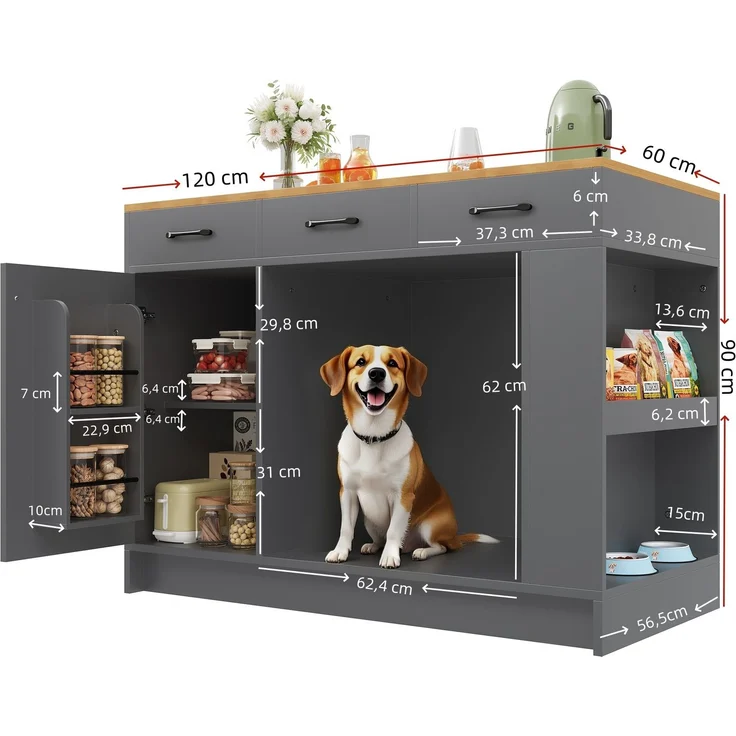 Servierwagen 120 x 60 x 90 cm mit 3 Schubladen, Gewürzablage, verstellbarem Regalboden und Haustierbereich – Bild 2