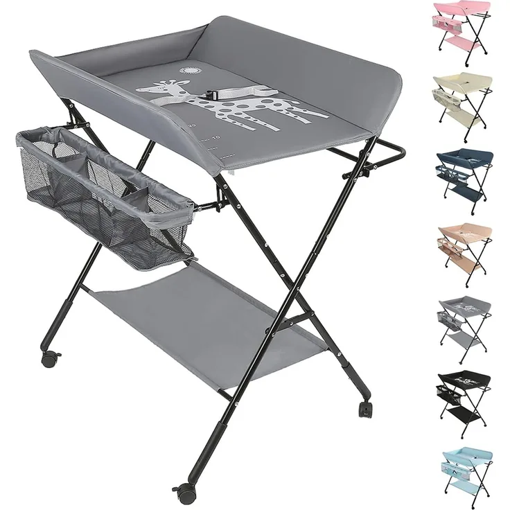 OHMG Baby Wickelkombi Klappbare Wickelkommode,Wickeltisch mit Rollen,Mobiler Wickeltisch mit Wickelauflage,Sicherheitsgurt und Ablagefächern,Wasserdicht und Höhenverstellbar,Stabil
